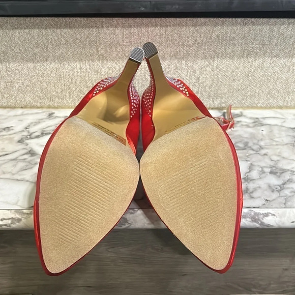 Liliana Zaria 4‎ Women Red Satin Platform Ankle Strap Rhinestone Pencil Heel NIB - Picture 6 of 11